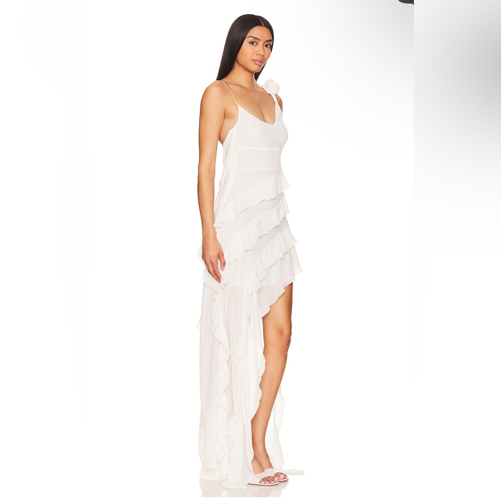 Bubish Willow Asymmetrical High Slit Side Drape Ruffle Rosette Dress in White - Picture 4 of 10